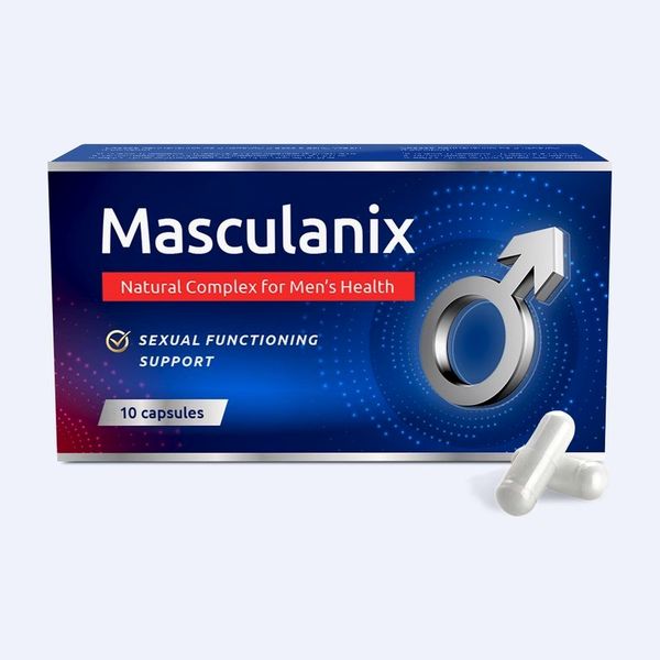 Caja azul de Masculanix de 10 cápsulas con dos cápsulas blancas delante