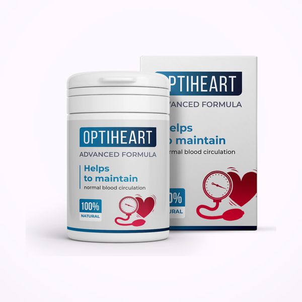 Optiheart en bote blanco delante de su caja blanca y azul, con un corazón y un tensiómetro dibujados