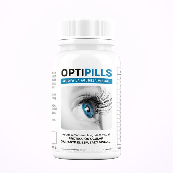 Optipills en bote blanco, 20 cápsulas, con la foto de un ojo azul de pestañas largas en la etiqueta