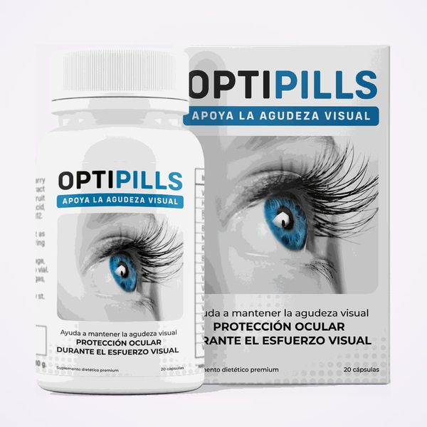 Bote blanco de Optipills delante de su caja con la foto de un ojo azul