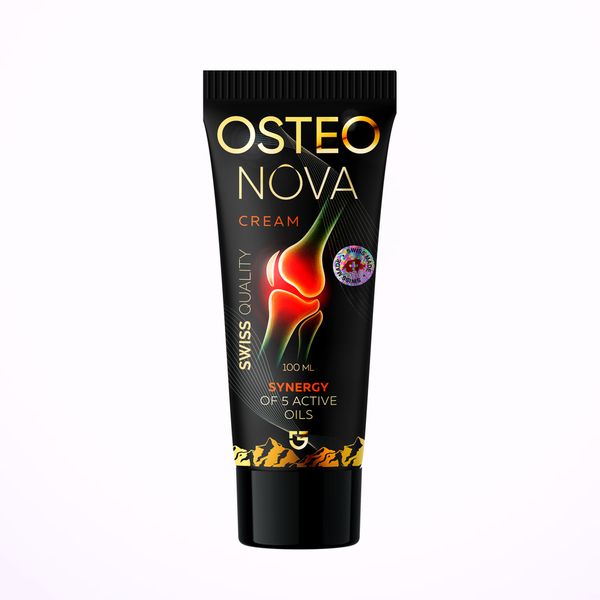 Tubo negro de OsteoNova con letras doradas, una rodilla iluminada en rojo y la indicación de 100 ml