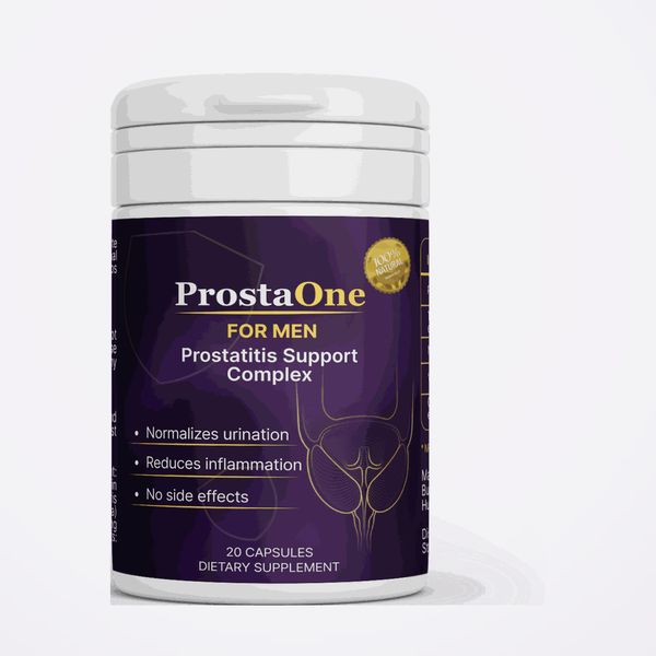 ProstaOne en bote blanco con etiqueta morada oscura, letras doradas y un sello dorado, 20 cápsulas