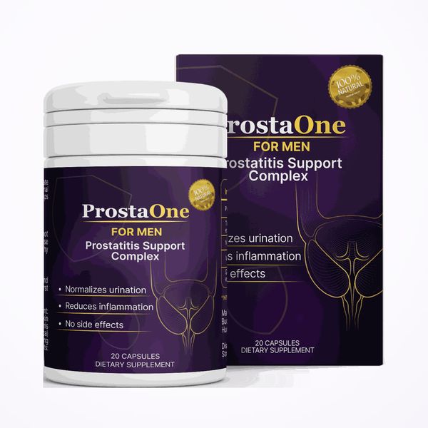 Bote blanco y caja morada de ProstaOne de 20 cápsulas