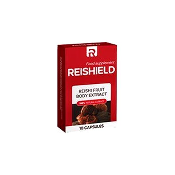 Caja roja de Reishield, con la R blanca del logotipo y la foto de un reishi, 10 cápsulas, sobre fondo blanco