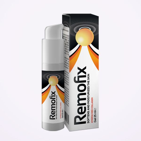 Frasco airless gris y blanco de Remofix junto a su caja negra y blanca con una esfera naranja, gel de 25 ml