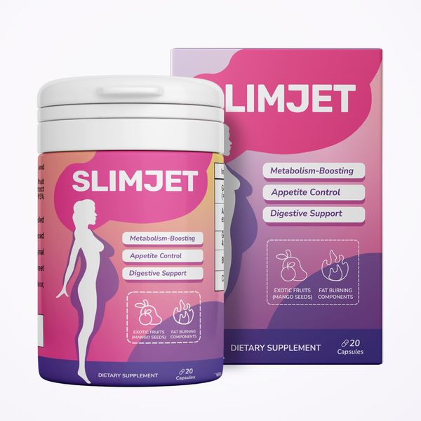 Bote blanco de SlimJet con etiqueta rosa y morada y una silueta femenina, delante de su caja de 20 cápsulas