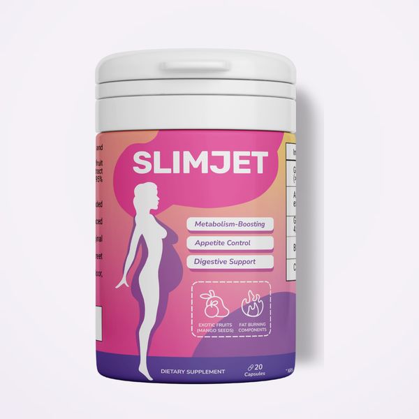 Bote blanco de SlimJet con etiqueta rosa y morada, sobre fondo claro