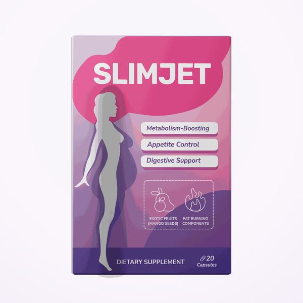 Caja rosa y morada de SlimJet de 20 cápsulas vista de frente