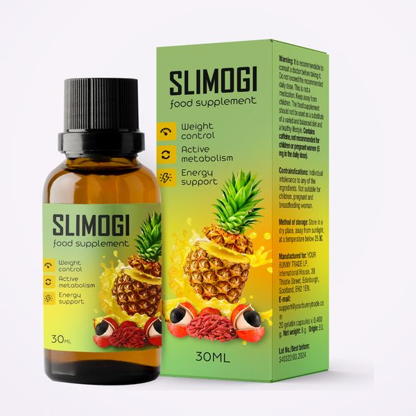Frasco cuentagotas de Slimogi de 30 ml junto a su caja verde con una piña