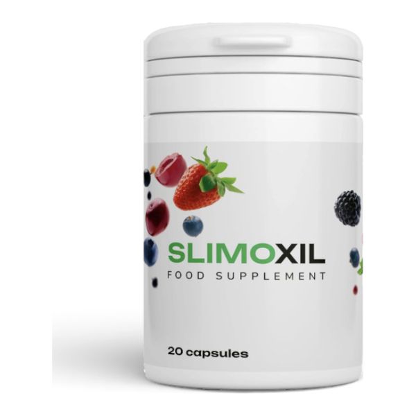 Slimoxil en bote blanco con tapa abatible, rótulo de 20 cápsulas y frutos rojos dibujados en la etiqueta