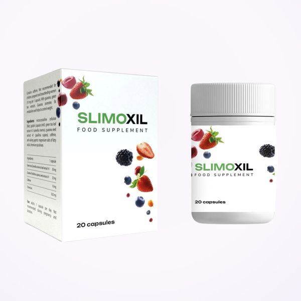 Caja y bote blancos de Slimoxil con frutos rojos, sobre fondo claro