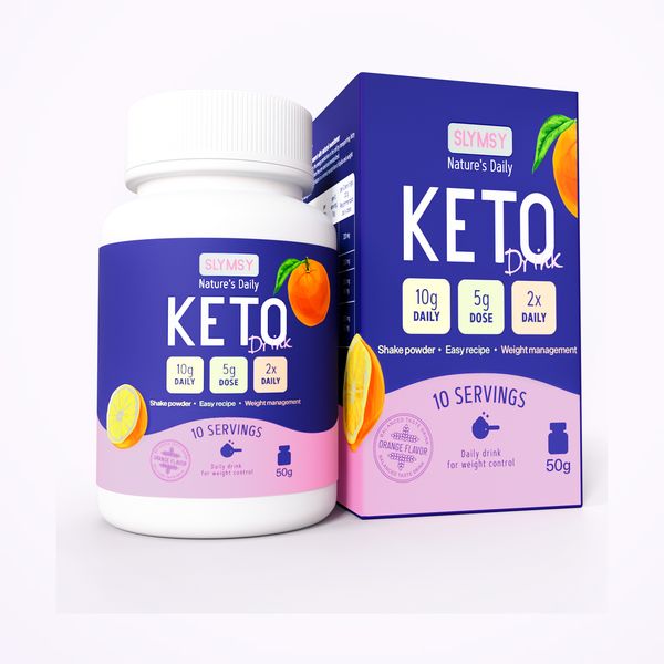 Bote blanco y caja morada de Slymsy Keto Drink, sobre fondo claro