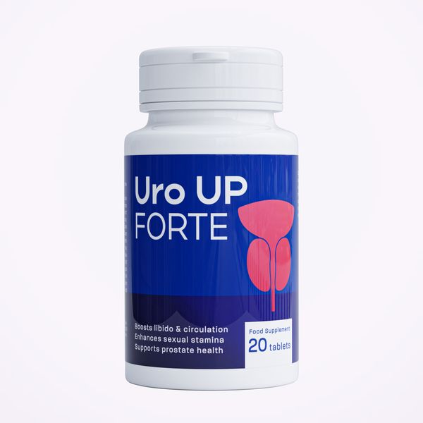 Bote blanco de Uro UP Forte con etiqueta azul y el dibujo rosa de una próstata, 20 comprimidos