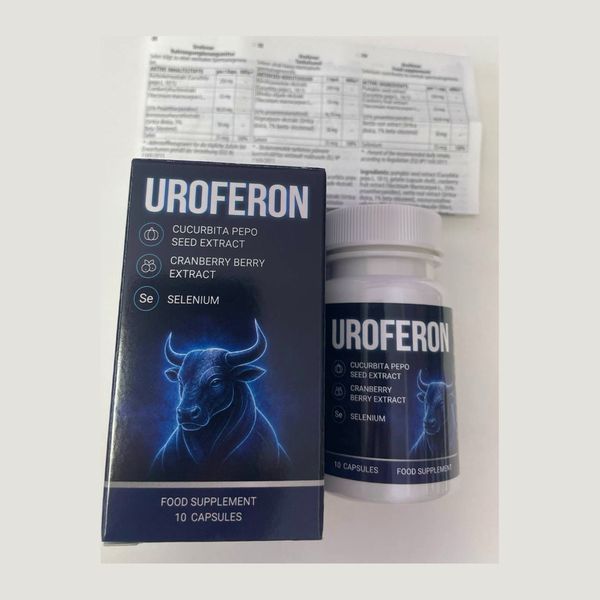 Caja azul de Uroferon con un toro y su bote delante del prospecto