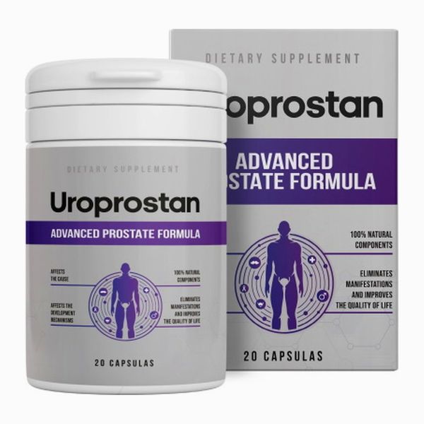 Bote de Uroprostan con tapa blanca abatible delante de su caja gris con franja morada, 20 cápsulas