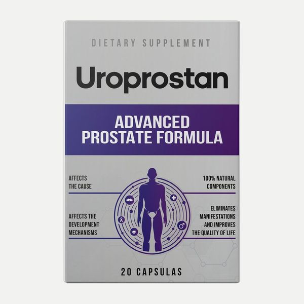 Caja gris de Uroprostan de 20 cápsulas vista de frente