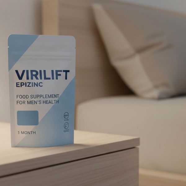 Bolsa blanca y azul claro de ViriLift Epizinc, con la leyenda «1 month», de pie sobre una mesilla de noche