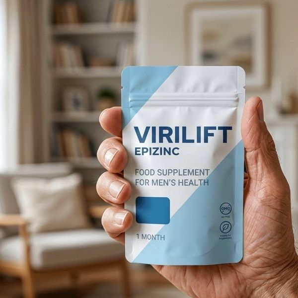 Mano que sostiene la bolsa azul claro de ViriLift Epizinc