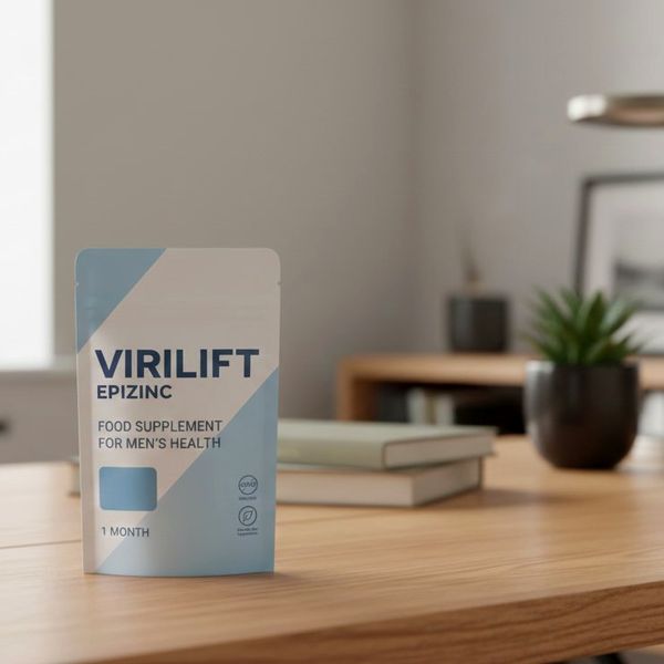 Bolsa de ViriLift Epizinc sobre una mesa de madera, junto a una planta