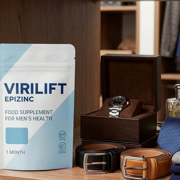 Bolsa de ViriLift Epizinc en un estante con un reloj y cinturones