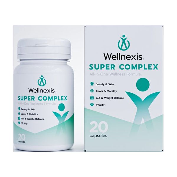 Bote blanco y caja de Wellnexis de 20 cápsulas, sobre fondo claro